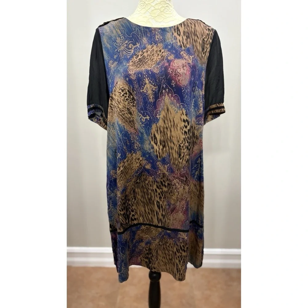 Luxury Leopard Print Silk Blend Shift Dress Womens XL Blue Gold Short Sleeve